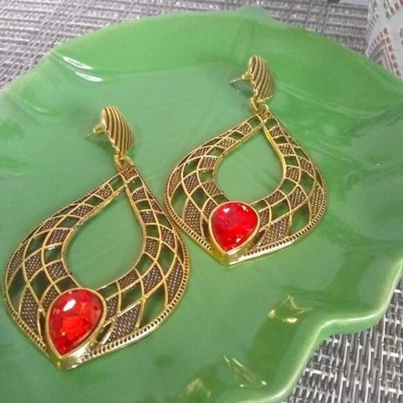 Red Jewel Cutout Teardrop Earrings - Picture 3 of 5
